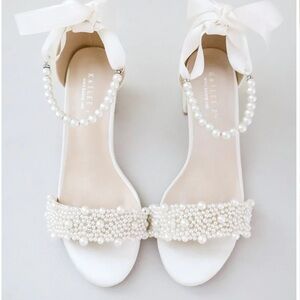 Kailee P Naomi Satin Block Heel Bridal Shoes with Perla Applique